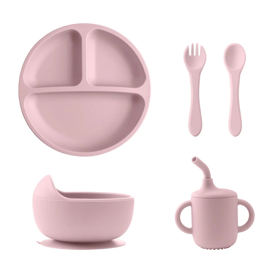 New BPA Free Silicone Baby Feeding Set Sucker Bowl Dinning Dishes Plate Straw Cup Spoon Forks for Kids Children‘S Tableware