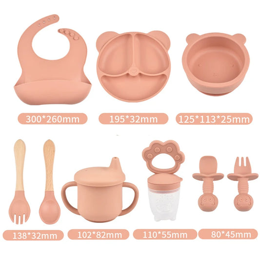 9Pce/Set Children'S Silicone Tableware Set Baby Adjustable Bib Divided Plate Drinking Cup Baby Suction Cups Bowl and Spoon Fork