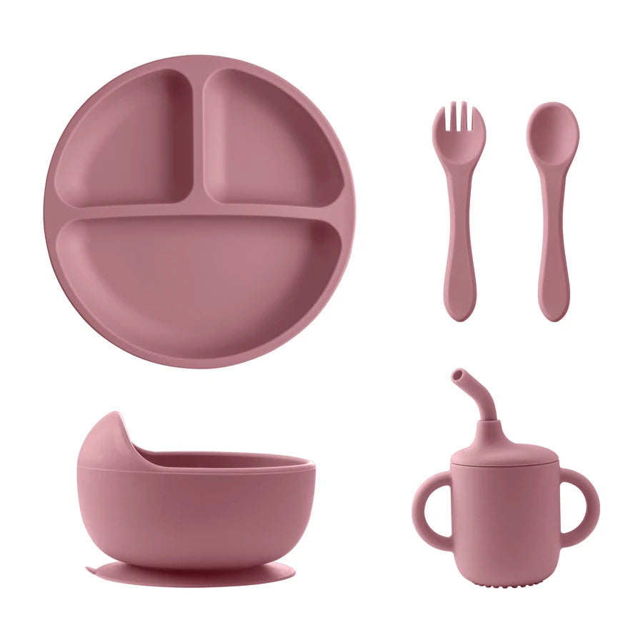 New BPA Free Silicone Baby Feeding Set Sucker Bowl Dinning Dishes Plate Straw Cup Spoon Forks for Kids Children‘S Tableware