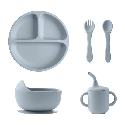 New BPA Free Silicone Baby Feeding Set Sucker Bowl Dinning Dishes Plate Straw Cup Spoon Forks for Kids Children‘S Tableware